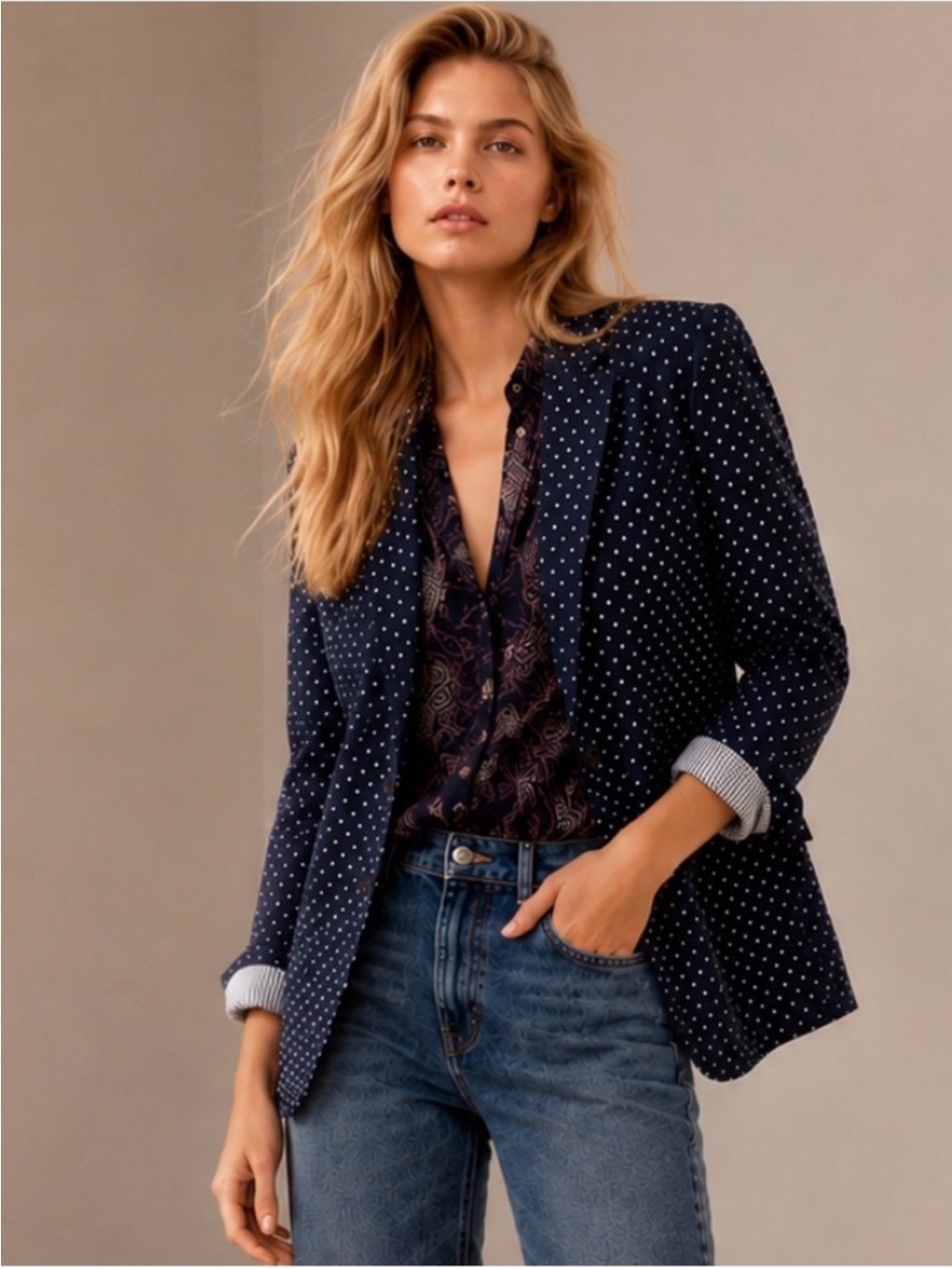 J.Crew Regent Linen Navy Polka Dot Blazer Size 6 Preppy Career Jacket